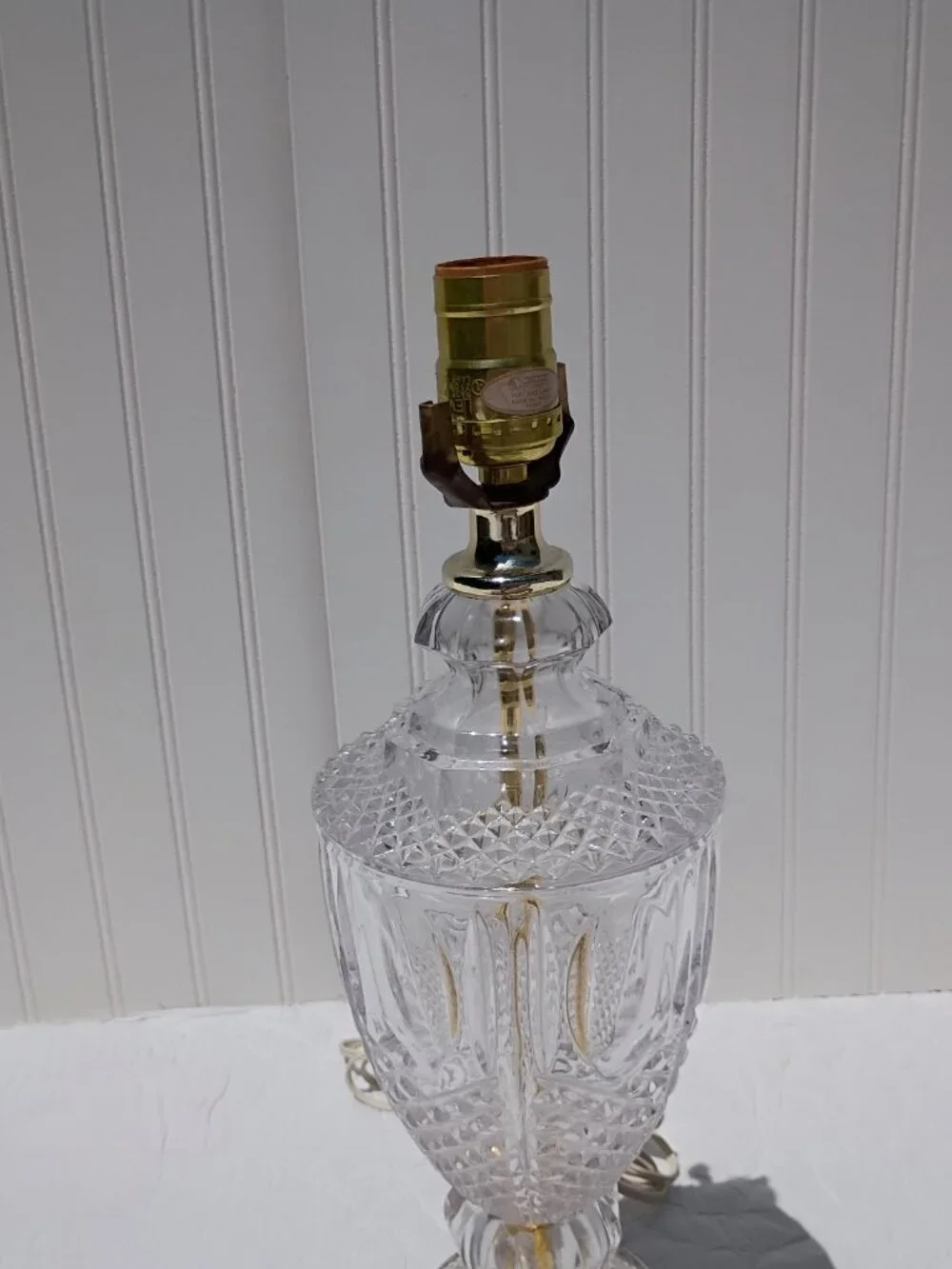 Vintage Cut Glass Table Lamp Brass Base Neoclassical Hollywood Regency Crystal
